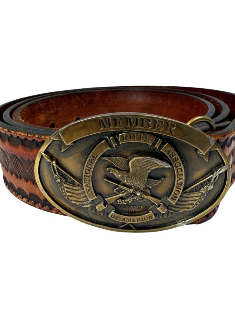 Genuine leather belt with NRA belt buckle, made in USA